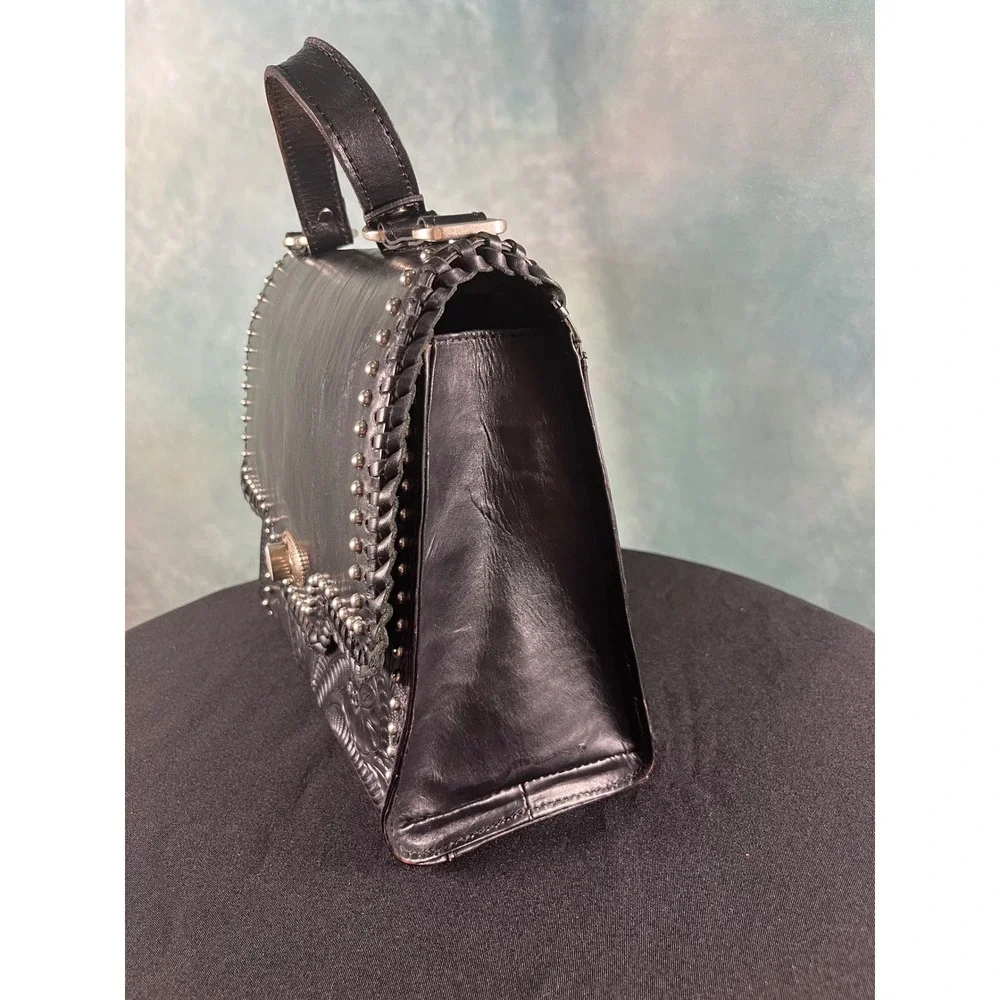 American West Black Hand Tooled Leather Studded Floral Top Handle‎ Handbag Bag